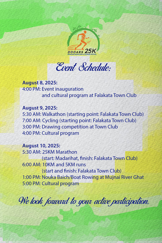 Dooars 25K Monsoon Marathon & Tourism Festival Event Schedule